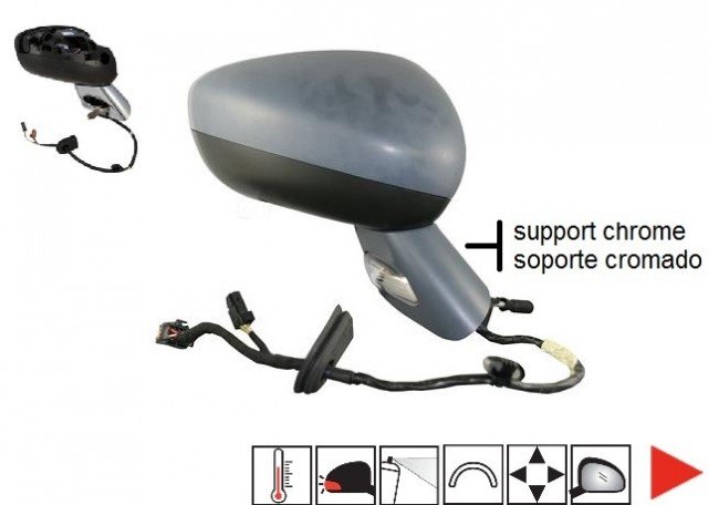 Acessar a peça Espelho retrovisor elétrico direito, convexo, preparado, base cromada, sonda Acessar a peça Espelho retrovisor elétrico direito, convexo, preparado, base cromada, sonda